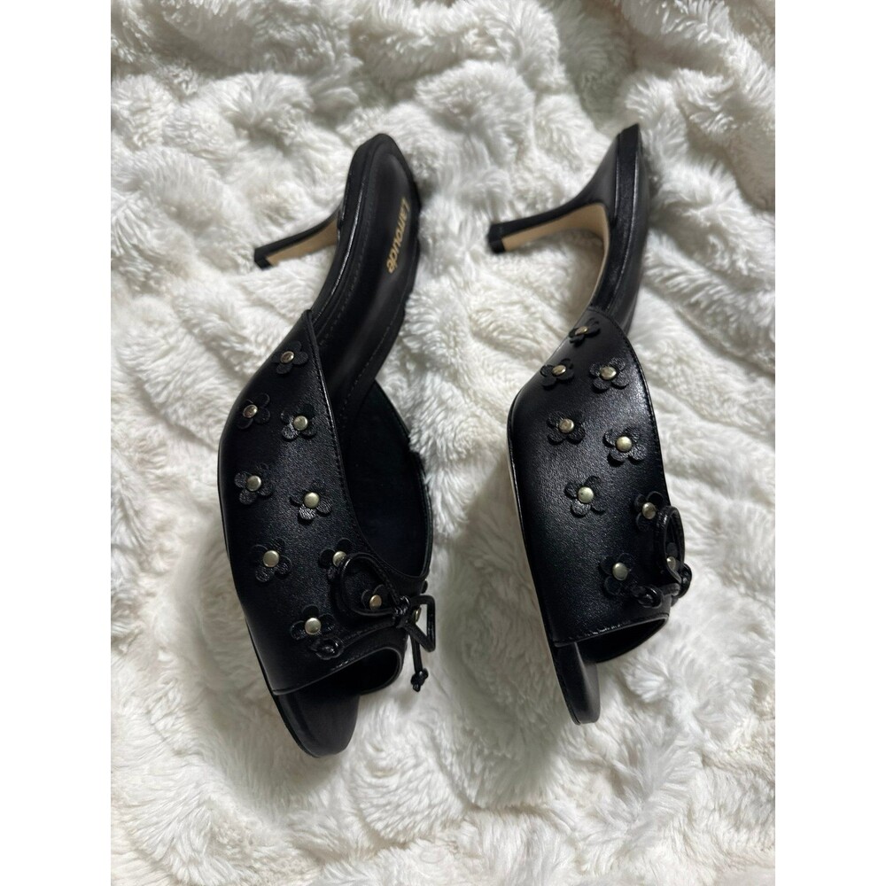 Larroude Jasmine Black Studded Leather Mule Peep Toe Heel - Picture 4 of 9